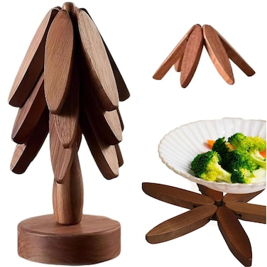 Wooden Trivets for Hot Dishes, Tree Trivet, Wooden Trivet Tree, Tree Coaster for Hot Dishes&atilde;&euro;Pot&atilde;&euro;Bowl&atilde;&euro;Teapot&atilde;&euro;Hot Pot Holders (Walnut, M, 3 Wooden Trivet + 1 Stand)