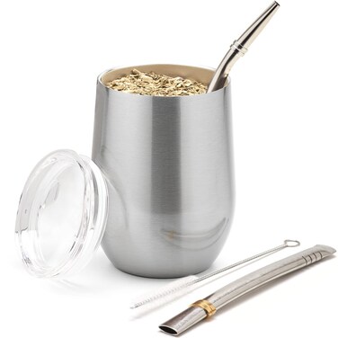 BALIBETOV 5 pcs large Yerba Mate Cup and Bombilla Kit, Includes one 12 oz Yerba Mate Gourd with Lid, Two Bombillas Mate Straw and one cleaning brush   Stainless steel   Double Walled