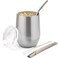 BALIBETOV 5 pcs large Yerba Mate Cup and Bombilla Kit, Includes one 12 oz Yerba Mate Gourd with Lid, Two Bombillas Mate Straw and one cleaning brush   Stainless steel   Double Walled