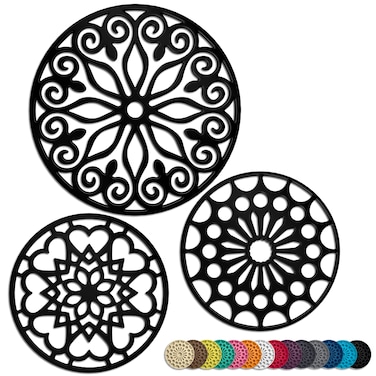 3 Set Silicone Trivet Mats with 1 Extra Large Included   Intricately Carved Insulated Flexible Durable Non Slip Thick Round Premium Trivets for Hot pots and Pans   Black