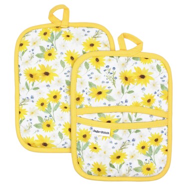 Sage+Stitch Heat Resistant Designer Pot Holders with Hand Pockets and Hanging Loops   Set of 2 100% Cotton Dual Function Kitchen Pot Holders and Trivets   7'' x 9''   Sun Flowers
