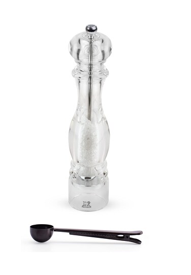 Peugeot - Nancy Acrylic Manual Salt Mill - Transparent Adjustable Grinder Gift Set- With Stainless Steel Spice Scoop/Bag Clip, 12 Inch