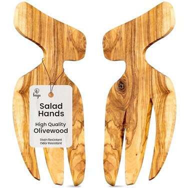 Bayu Olive Wood Handmade Salad Hands - One Pair of Salad Tongs, Salad Servers for Dinner, Wooden Salad Tongs for Salad, Pasta, and More
