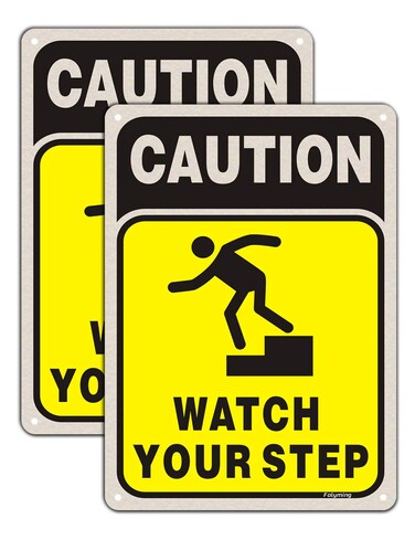2 Pack Caution Watch Your Step Sign Safety Sign 10 x 7 Inches Security Warning Signs for Stairs Metal Reflective Sturdy Rust Aluminum Waterproof Easy to Install