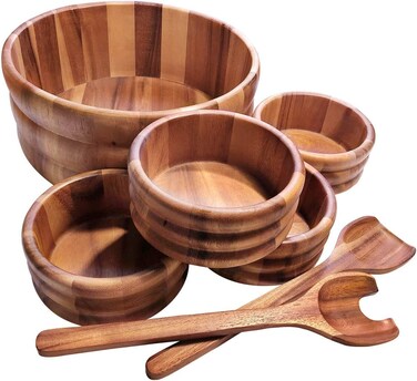 Kalmar Home 7 Piece - Extra Large Wooden Salad Bowl with 4 Individual Bowls and 2 Piece Serving Utensils