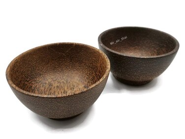 Set 2 Wooden Bowls Vegan Salad Organic Smoothie Kitchen Utensils (Plam Wood) k019