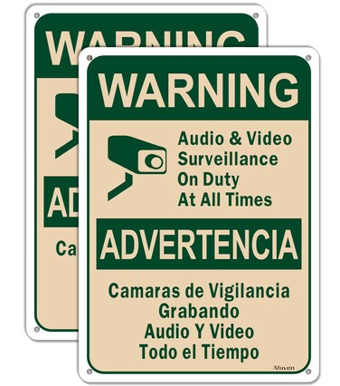 Warning Audio Video Surveillance On Duty At All Times Bilingual Sign English Spanish 10"x7" Aluminum Video Surveillance Sign No Trespassing Sign Security Camera Warning Safety Sign Metal Outdoor 2Pack