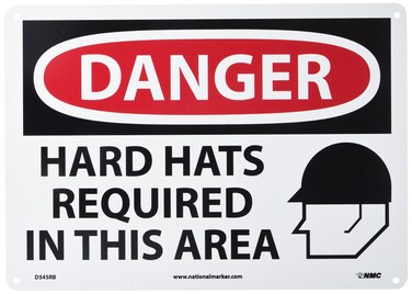 NMC D545RB OSHA Sign, Legend "DANGER - HARD HATS REQUIRED IN THIS AREA" with Graphic, 14" Length x 10" Height, Rigid Plastic, Black/Red on White
