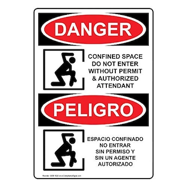 ComplianceSigns.com DANGER Confined Space Do Not Enter Without Permit &amp; Authorized Attendant English + Spanish OSHA Safety Sign, 7x5 in. Vinyl