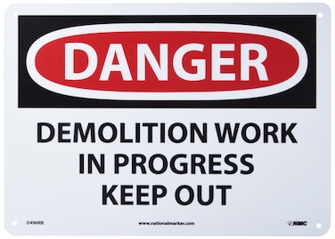 NMC D496RB OSHA Sign, Legend "DANGER - DEMOLITION WORK IN PROGRESS KEEP OUT", 14" Length x 10" Height, Rigid Plastic, Black on White