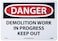 NMC D496RB OSHA Sign, Legend "DANGER - DEMOLITION WORK IN PROGRESS KEEP OUT", 14" Length x 10" Height, Rigid Plastic, Black on White