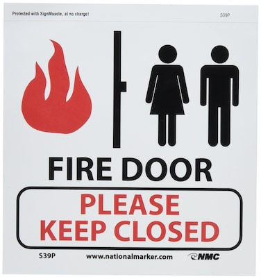 NMC S39P Fire Sign, Legend "FIRE DOOR - PLEASE KEEP CLOSED" with Graphic, 7" Length x 7" Height, Pressure Sensitive Vinyl, Black/Red on White
