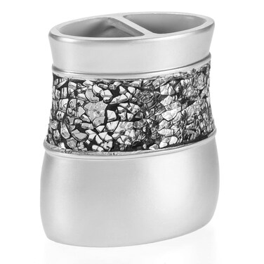 Crackled Glass Silver Toothbrush Holder And Toothpaste Holder For Bathroom - Elegant Crackled Glass Bathroom Toothbrush Organizer - Decorative 2 Slot Family Toothbrush Cup Holds Multiple Toothbrushes