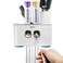 Toothbrush Holder Wall Mounted, WEKITY Multi-Functional Toothbrush and Toothpaste Dispenser for Bathroom, with 5 Toothbrush Slots, 2 Toothpaste Squeezers and 4 Cups(Blue)
