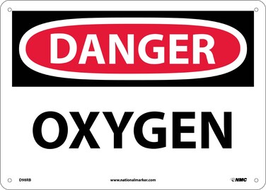 NMC D98RB OSHA Sign, "DANGER OXYGEN", 14" Width x 10" Height, Rigid Plastic, Black/Red On White