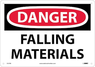 NMC D37RB OSHA Sign, "DANGER FALLING MATERIALS", 14" Width x 10" Height, Rigid Plastic, Black/Red On White