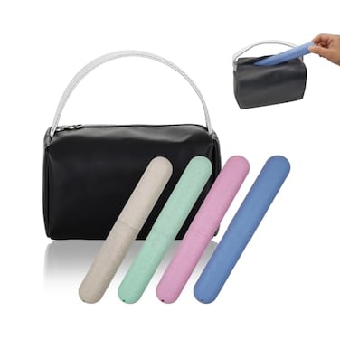 FEHNAG 4 Packs Portable Travel Toothbrush Case,Breathable Plastic Toothbrush Holder and Pu Leather travel toiletry bag Portable Organizer,Travel Set for Home,Travel,Business,Camping