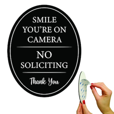 All Hung Up 4" x 5" Smile You're on Camera &amp; No Soliciting Sign for House, 3M Self-Adhesive for Door,Window,Wall, Durable Quality Aluminum Metal Surface, Home,Business,Office, Thank You, Black