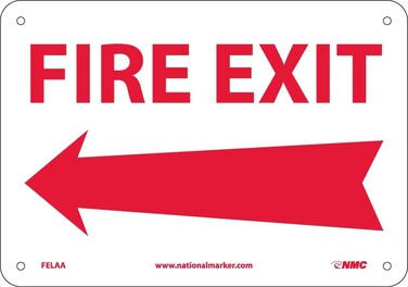 NMC FELAA FIRE EXIT Sign &acirc;&euro;&ldquo; 10 in. x 7 in. Standard Aluminum Sign with Left Arrow Graphic, Red Text on White Base