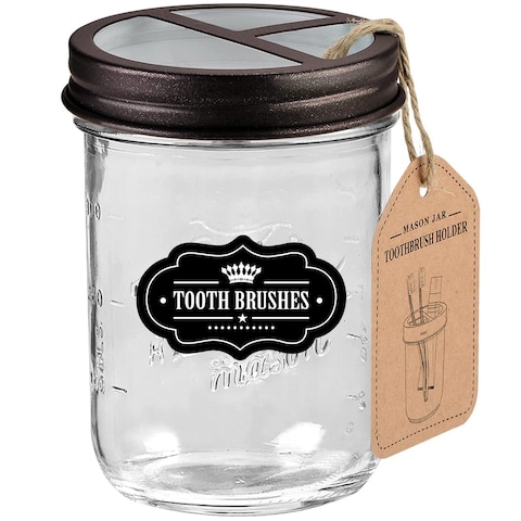 Komashr Mason Jar Toothbrush Holder -Bronze - with 16 Ounce Mason Jar,Premium Rustproof 304 Stainless Steel Lid and Chalkboard Labels - Rustic Farmhouse Decor Black Bathroom Accessories