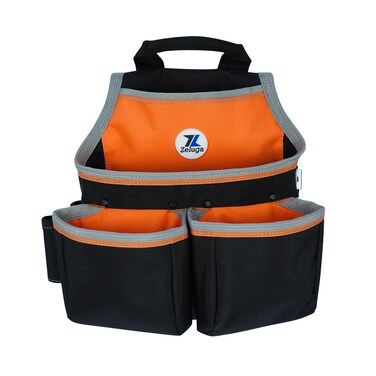 Zeluga 20-220 Dual Pocket Nylon Tool Pouch with Side Tape Measure Holder Tool Pouch with 4 Pockets for Carpenters, Electricians, Plumbers, Constructors and Handyman - Orange/Black