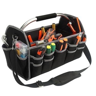 UISKOOPW Electrician Open Top Tool Tote Bag, Material Tool Carrier with 16 External Pockets, Steel Handle and Shoulder Strap
