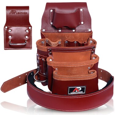 Ap Leather Pro-015 Leather Tool Pouch for Construction,Heavy Duty Hammer Holder,Buckle,3 Pocket Large with Belt, 12 Small Pocket, Tool Organizer
