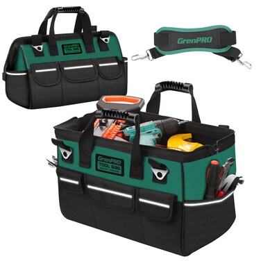 GRENPRO 16" Tool Bag,Large Heavy Duty Tool Bags, Wide Mouth Tool Bag Organizer with Adjustable Shoulder Strap,Professional Electricians Construction Worker Waterproof Tool Bag
