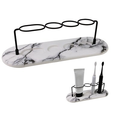 Modern Bathroom Toothbrush Holder with Quick Dry Diatom Mud Tray - 4 Slots Storage Rack for Tooth Cup Shaver Soap (with Textured) (White Texture)