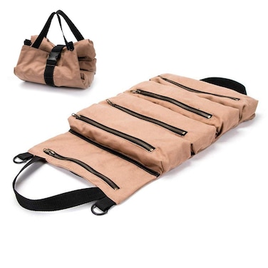 Super Tool Roll Up Bag/pouch,durable Canvas Wrench Tool Roll Up Pouch With 5 Zipper Pockets,car Back Seat Organizer/Khaki