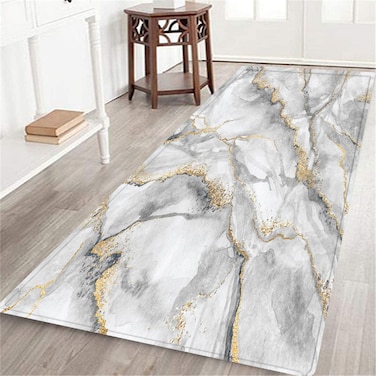 Long Runner Rug,Abstract Creative White Marble with Gold Veins Fashion marbling Artificial Stone Marbled Surface,Non-Slip Floor Carpet Hallway Doormat Entrance Door Mats Washable Area Kitchen Rugs