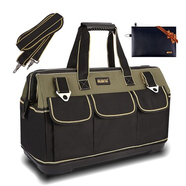 GoldskyUS 15 Inch Wide Mouth Tool Bag with Water Proof Molded Base Tool Storage Bag Multi-Functional Large Capacity Wearproof &amp; Waterproof Tool Tote Bag (Green 15 Inch)