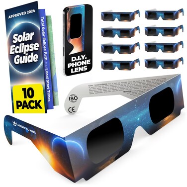 Medical king Solar Eclipse Glasses Approved 2024, (10 pack) CE and ISO Certified Safe Shades for Direct Sun Viewing Includes Bonus Eclipse Guide With Map