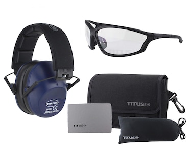 TITUS 2 Series - 34 NRR Slim-Line Hearing Protection &amp; G26 Competition Z87.1 Safety Glasses Combos (Navy Blue, Clear)