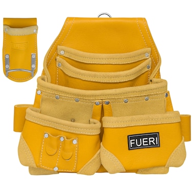 FUERI Leather Tool Pouch for Carpenters 5 Pocket Framers Belt Bag Kit   Heavy Duty Bag with Tape Holder   Rig Riveted Tool Organizer - Reinforced Seams (Yellow)