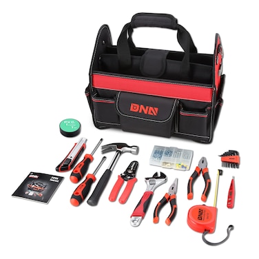DNA MOTORING 21-Piece Red Tool Set - Portable Household Hand Tool Kit with Wide Mouth Canvas Storage Bag for DIY Home Repairing, Gift for Women Girls Ladies, TOOLS-00207