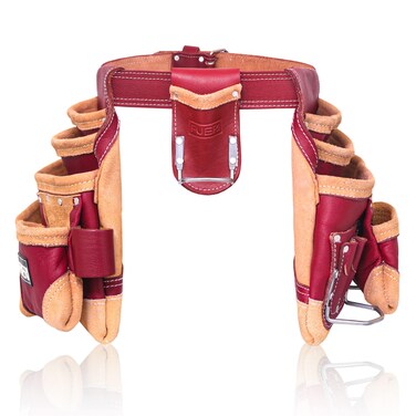 FUERI Adjustable 16 Pocket Leather Tool Belt for men, 100% Grain Leather Carpenter Tool Pouch Framer Bag for Carpenter Electrician, Plumber with Work Belt and Hammer Holder.