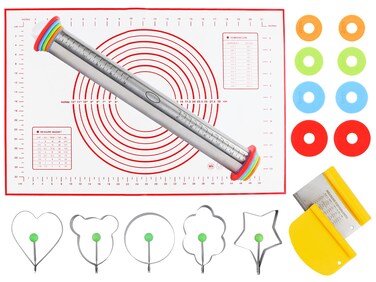 AMERI LOGICS Stainless Steel Rolling Pin with Thickness Rings - Rolling Pins Set for Baking - Incl Baking Mat, Cookie Cutters &amp; Dough Scraper