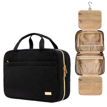 Carrywell (Not Made In China) Hanging Toiletry Bag For Women, Toiletries Bag, Travel Make Up Organizer, Water-Resistant Case For Cosmetics, Makeup and Brushes (Black, Medium)