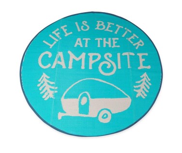 Camco Life is Better at The Campsite Outdoor Rug   Features 6-Ft Round Design w/Logo Sketch   Crafted of Lightweight Durable Woven Plastic   Folds for Easy RV Storage and Organization (42835)