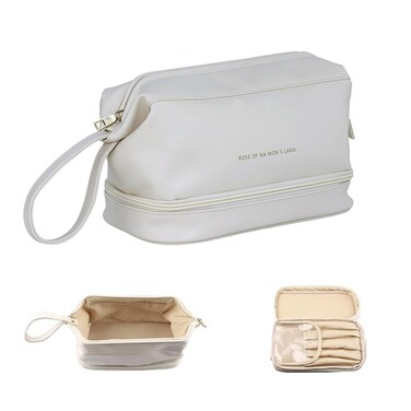 EDWEE Travel Makeup Bag,Large Capacity Cosmetic Bags for Women and Girls,Waterproof Portable Pouch Open,Large Capacity,2 Layer Toiletry Bag,Make up Organizer with Divider and Handle (white)