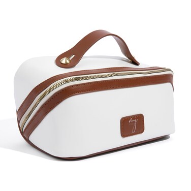 MJ ESSENCE PU Leather Makeup Bag   Cosmetic Travel Bag   Water Resistant Large Capacity Makeup Bag for Women   Toiletry Bag Organizer with Handle and Divider   White and Brown