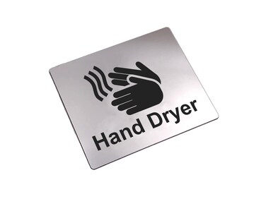 Hand Dryer Sign &brvbar; Self Adhesive &brvbar; Thick 1.5mm (1/16") Sticky backing &brvbar; Metallic Silver with Engraved Black Universal Icon Symbol and Text (Size 4.6 x 3.6")