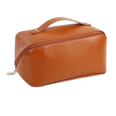 Travel Makeup Bag,Large Opening Makeup Bag,Portable Makeup Bag Opens Flat for Easy Access, Toiletry Bag,PU Leather Makeup Bag,Large Cosmetic Organizer for Women.(Brown)