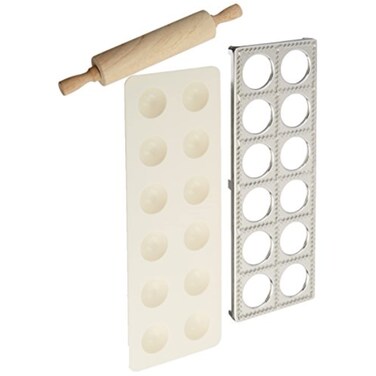 Norpro 3 Piece Ravioli Maker and Press Set with Rolling Pin, Large, White and silver
