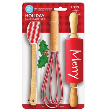Christmas Holiday Mini Bake Set. Includes mini-Spatula, Whisk and Rolling Pin. Great Christmas gift idea for teachers, and stocking stuffers.