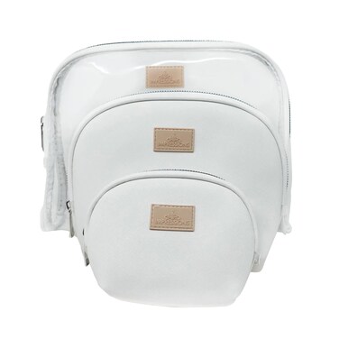 Impressions Vanity Havana Arch 3 pieces Zippered Travel Makeup Bag Set, Waterproof Faux Leather Traveling Cosmetic Pouches, and Large Clear Toiletry Bag for Women (White)