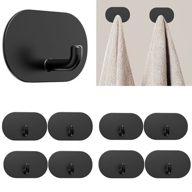 MBVVLZJVN Adhesive Hooks Heavy Duty Stick On Wall Hooks Stainless Steel Kitchen Bathroom Hooks Rust-Proof Metal Hooks for Hanging Keys, Hat, Towel Robe, Black, Pack of 8