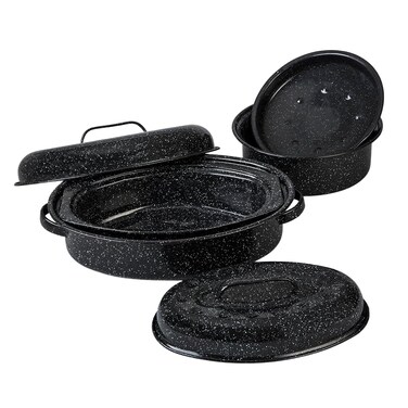 Granite Ware Roasting Set Covered 13 in and 15 in Oval roaster and 3 lb round roaster. Enameled Steel design to accomodate up to 7 lb and 10 lb poultry/roast. Resists up to 932&Acirc;&deg;F.