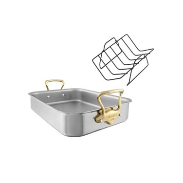 Mauviel M'Cook B 5-Ply Polished Stainless Steel Roasting Pan with Rack and Brass Handles, 13.7 x 9.8-in, Made in France